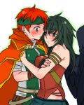  1girl :o arm_strap bare_shoulders black_hair black_wings blush breast_press breasts cape fingerless_gloves fire_emblem fire_emblem:_akatsuki_no_megami genderswap gloves green_eyes headband hiichi hug long_hair lowres red_eyes red_hair redhead sweadrop sweatdrop tormod vika wings 