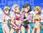  bikini bikini_skirt black_eyes black_hair blonde_hair blue_eyes book can fnc_(upotte!!) hoodie l85a1_(upotte!!) m16a4_(upotte!!) multiple_girls nanoha_(cameko) open_hoodie parka red_eyes sg550_(upotte!!) short_hair silver_hair soda_can swimsuit upotte!! 