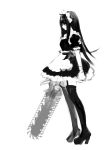  chainsaw high_heels long_hair maid monochrome original profile pump_(artist) shoes simple_background solo standing thigh-highs thighhighs white_background 