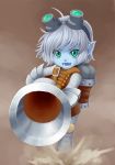  aqua_eyes blue_skin bullet cannon fang gauntlets goggles goggles_on_head head_mounted_display league_of_legends pointy_ears rere_(yusuke) silver_hair solo tristana 