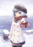  1girl black_legwear blue_eyes blush box commentary_request gift gift_box hat hibiki_(kantai_collection) jacket kantai_collection long_sleeves ocean oukatihiro pier pleated_skirt silver_hair skirt solo thigh-highs valentine wavy_mouth winter_clothes zettai_ryouiki 