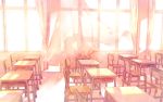 chair classroom couple curtains furai highres kiss long_hair multiple_girls original pink school_desk sitting sunlight wind yuri 