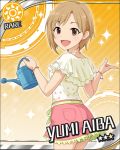  :d aiba_yumi blonde_hair blouse bracelet brown_eyes earrings from_behind idolmaster idolmaster_cinderella_girls jewelry looking_back official_art open_mouth short_hair skirt smile solo sun_(symbol) watercan watering_can 