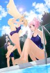  2girls barefoot black_hair blonde_hair blue_eyes chainlink_fence competition_swimsuit copyright_request feet from_below highres long_hair multiple_boys multiple_girls one-piece_swimsuit pink_hair pool poolside school_uniform short_hair silver_hair soles swim_trunks swimsuit tadashii_kodomo_no_tsukuri_kata! takane_kyouko tanaka_yuu tatsumi_raito toes tokui_asuka toto._(nahanahasai) twintails 