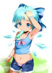  arm_up armpits blue_hair blush camisole casual child cirno cutoffs denim denim_shorts ice ice_wings kobii midriff mound_of_venus mouth_hold navel panties pink_panties popsicle short_hair shorts solo strap_slip sweatdrop tank_top touhou unbuttoned underwear wings wristband 