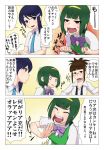  akizuki_ritsuko arcade_stick blue_eyes blue_hair bow brown_hair comic controller green_hair hair_ornament hairclip headband idolmaster laughing mizutani_eri mole necktie o_o open_collar open_mouth otonashi_kotori ovo red_eyes slapping sleeves_rolled_up surprised tapping teeth translated trembling untied vest wata_do_chinkuru 