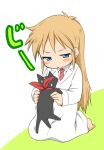  blush_stickers cat child hakase_(nichijou) kneeling labcoat long_hair neckerchief necktie nichijou pout professor_shinonome sakamoto_(nichijou) simple_background sweatdrop ubizo 