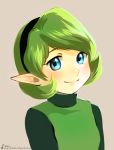  blue_eyes brown_background bust face green_hair hairband light_smile looking_at_viewer magical_ondine ocarina_of_time ondine_(artist) pointy_ears portrait saria short_hair signature simple_background smile solo text the_legend_of_zelda turtleneck 