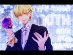  1boy blonde_hair bowtie fate/zero fate_(series) flower formal gilgamesh hisohiso letterboxed male purple_rose red_eyes rose smile solo suit type-moon 