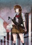  40hara ahoge blush bowtie braid brown_hair gun h&amp;k_mp5 handgun headset kidoairaku load_bearing_vest long_hair operator original school_uniform skirt sleeves_rolled_up solo submachine_gun trigger_discipline weapon 