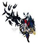  belt bird boots dated eyepatch gloves grey_hair hexagram highres horns long_hair oversized_object pants pixiv_fantasia pixiv_fantasia_sword_regalia pointy_ears red_eyes rinju_umisu scissors solo title_drop 