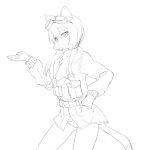  animal_ears carla_j_luksic dakian goggles hand_in_pocket jacket lineart low_twintails monochrome panties smile solo strike_witches tail underwear 