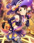  1girl artist_request black_hair choker earrings elbow_gloves gloves halloween hat heart_cutout idolmaster idolmaster_cinderella_girls jack-o&#039;-lantern jewelry looking_at_viewer microphone navel official_art ponytail sparkle thighhighs torn_clothes torn_thighhighs witch_hat yamato_aki 