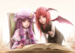  2girls bangs bat_wings blunt_bangs book book_stack bow capelet cart crescent crescent_moon cup dress dress_shirt frills hat head_wings hime_cut koakuma lif long_hair long_sleeves looking_at_viewer low-tied_long_hair moon multiple_girls necktie open_book patchouli_knowledge payot pitcher pointing pointing_at_viewer purple_dress purple_eyes purple_hair reading realistic red_eyes red_hair shirt simple_background skirt skirt_set striped striped_dress teacup touhou vertical_stripes vest white_background white_shirt wings 