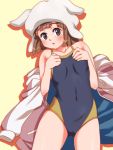  :o ai_hoshimiya bangs blunt_bangs blush brown_eyes brown_hair competition_swimsuit hat hoodie hoodie_removed miniskirt_pirates one-piece_swimsuit poncho_s short_hair solo swimsuit tongue 