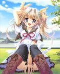 :d absurdres blonde_hair blue_eyes copyright_request hair_intakes hair_ribbon highres hisuitei izumi_tsubasu knees_together_feet_apart legs open_mouth possible_duplicate ribbon school_uniform sitting sky smile solo tress_ribbon twintails 