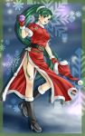  :d blush boots box christmas dress earrings fire_emblem fire_emblem:_rekka_no_ken fur_trim gift gloves green_eyes green_hair hat high_ponytail highres holding holding_hat jewelry long_hair lyn lyndis_(fire_emblem) open_mouth ponytail santa santa_costume santa_hat santa_outfit side_slit smile snowflakes solo very_long_hair yuino_(fancy_party) 