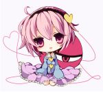  blush chibi hairband heart heart_of_string komeiji_satori long_sleeves minigirl open_mouth pink_eyes pink_hair shirt short_hair sitting skirt smile solo third_eye touhou wide_sleeves yukiusagi_(paretto) 