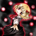  :d absurdres asuku_(69-1-31) blonde_hair bow colored danmaku fang glowing hair_bow highres long_sleeves looking_at_viewer miko_machi necktie open_mouth outstretched_arms red_eyes rumia short_hair skirt skirt_set smile solo spread_arms touhou 