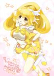  bike_shorts blonde_hair boots breasts choker cure_peace dress earrings hair_ornament jewelry kika88 kise_yayoi long_hair magical_girl open_mouth ponytail precure shorts_under_skirt skirt smile smile_precure! solo star text v wrist_cuffs yellow_dress yellow_eyes 