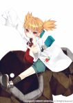  argyle blonde_hair blush copyright_notice copyright_request dehitella glasses grin labcoat necktie official_art pointing red_eyes seikon_no_el_dorado simple_background sitting skull.03 sleeves_past_wrists smile socks solo twintails watermark white_background 