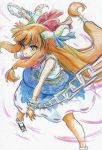  bow brown_hair chain chains colored_pencil_(medium) hair_bow highres horns ibuki_suika kitazinger long_hair low-tied_long_hair red_eyes skirt smile solo touhou traditional_media wrist_cuffs 