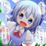 blue_dress blue_eyes blue_hair blue_sky bow cirno cloud clouds dress fang grass hair_bow highres looking_at_viewer makuran open_mouth shirt short_hair sky smile solo too_bad!_it_was_just_me! touhou translated translation_request vest wings 