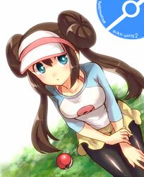  aqua_eyes brown_hair double_bun irouha mei_(pokemon) pantyhose poke_ball pokemon pokemon_(game) pokemon_bw2 raglan_sleeves shorts sitting skirt solo twintails visor_cap 