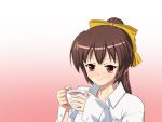  bad_id bow brown_hair cup gradient gradient_background hair_bow long_hair original ponytail shino_(pixia) shirt sleeves_past_wrists smile solo teacup 