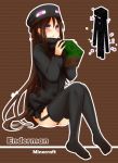  black blue_eyes blush brown_hair character_name enderman garter_belt garter_straps hat highres minecraft panties personification sitting solo thigh-highs thighhighs title_drop underwear 