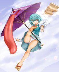  barefoot barefoot_sandals blue_eyes blue_hair feet geta heterochromia highres karakasa_obake kasuga_yukihito kicking long_tongue open_mouth panties pantyshot petals red_eyes revision short_hair single_shoe skirt solo tatara_kogasa tongue touhou umbrella underwear white_panties 