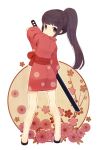  ayu_(mog) blush brown_eyes flower from_behind japanese_clothes kimono long_hair looking_back original ponytail scabbard sheath solo sword unsheathing weapon 
