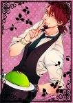  alternate_hairstyle barnaby_brooks_jr bracelet brown_hair finger_to_mouth jelly jewelry k-996 kaburagi_t_kotetsu male necktie solo tiger_&amp;_bunny vest waistcoat waiter watch wink wristwatch 