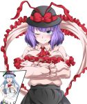  anger_vein blue_eyes blue_hair blush bowtie breasts capelet crossed_arms eo_(artist) food frills fruit hand_on_hip hand_on_own_chest hat hat_ribbon highres hinanawi_tenshi hips leaf long_hair multiple_girls nagae_iku open_mouth peach purple_hair ribbon shawl short_hair short_sleeves simple_background skirt smile touhou white_background wink 