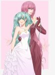  aqua_eyes aqua_hair bangs bare_shoulders blue_eyes dress elbow_gloves flower formal gloves hand_holding hatsune_miku highres holding_hands jewelry lily_(flower) long_hair megurine_luka mochi931 multiple_girls necklace pink_hair red_dress smile twintails vocaloid white_dress 