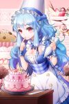  apron arm_garter arm_garters arm_up blue_hair bow breasts cake cupcake detached_collar dress eating food frills fruit hat linus_falco long_hair lowres parfait plaid pocky pointing red_eyes ribbon strawberry sword_girls very_long_hair wavy_hair 