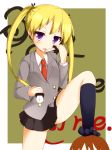  blonde_hair blush brown_hair faubynet feet hair_ribbon highres kill_me_baby kneehighs knife licking long_hair necktie no_shoes oribe_yasuna purple_eyes ribbon school_uniform skirt sonya_(kill_me_baby) toes twintails violet_eyes 