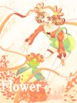  1girl alternate_color bellossom brown_eyes haru_urara kotone_(pokemon) petals pokemon pokemon_(creature) pokemon_(game) pokemon_hgss ribbon smile standing_on_one_leg twintails 