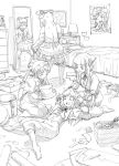  bags_under_eyes bed bloomers bonnet bow calpara character_request chiaki_kurihara cosplay dress dress_lift endou_mami greyscale gruier_serenity hair_bow highres katou_marika miniskirt_pirates monochrome multiple_girls poster poster_(object) rozen_maiden sewing_kit sketch sweatdrop 