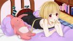  blonde_hair candy dress futaba_anzu idolmaster idolmaster_cinderella_girls lollipop long_hair lying on_stomach pink_eyes ratsuku_kinoko ratuk solo stuffed_animal stuffed_bunny stuffed_toy thigh-highs thighhighs 