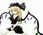 alternate_color blonde_hair crystal flandre_scarlet hat hat_ribbon pale_skin puffy_sleeves red_eyes ribbon shiina_shian short_sleeves solo touhou white_background wings 