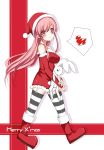  absurdres blush breasts choker earrings hat heart highres jewelry long_hair looking_at_viewer merry_christmas original pink_eyes pink_hair santa_hat sei000 smile solo spoken_heart striped striped_legwear stuffed_animal stuffed_toy thigh-highs thighhighs very_long_hair 