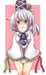  blush bottomless covering covering_crotch grey_eyes hat highres japanese_clothes kariginu long_sleeves mononobe_no_futo no_pants pom_pom_(clothes) ribbon short_hair silver_eyes silver_hair solo tate_eboshi tears touhou turtleneck wide_sleeves yzb-030 