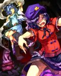  blue_eyes blue_hair chinese_clothes flower frills hair_rings hair_stick hat highres kaku_seiga leaf miyako_yoshika multiple_girls ofuda open_mouth outstretched_arms purple_eyes purple_hair shawl short_hair short_sleeves star statue temmasa22 touhou violet_eyes zombie_pose 