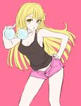  blonde_hair breasts cleavage coke-bottle_glasses coorie female glasses hand_on_hip highres hips long_hair miniskirt_pirates open_mouth short_shorts shorts solo takeuchi_aya tank_top yellow_eyes 
