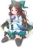  307 :o black_legwear bow breast_rest breasts brown_hair cape hair_bow kneeling large_breasts long_hair no_shoes purple_eyes reiuji_utsuho solo thigh-highs thighhighs touhou violet_eyes white_background wings 