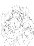  1boy 2girls :&lt; animal_ears arm_hug breasts character_request cleavage flat_chest forehead_protector fox_ears fox_tail genderswap hand_on_hip hips japanese_clothes k2shh kimono kyuubi_(naruto) large_breasts lipstick long_hair makeup monochrome multiple_girls naruto ninja pants personification ponytail sash spiked_hair spiky_hair tail tsunade uzumaki_naruto whiskers 