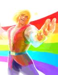  belt blonde_hair capstar closed_eyes fabulous happy he-man male masters_of_the_universe open_mouth outstretched_arms pantyhose prince_adam rainbow short_hair smile solo star vest 