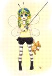  antennae bloomers blue_eyes frills gloves green_hair hair_ornament insect_girl insect_wings juju_(mayamaya) open_mouth original pantyhose pointy_ears rapier ringlets short_shorts shorts simple_background solo striped striped_legwear stuffed_animal stuffed_toy sword teddy_bear weapon wings 