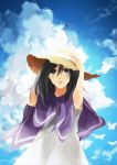  1girl black_hair blue_sky brown_eyes clouds dress hat long_hair poncho sky solo sun_hat 